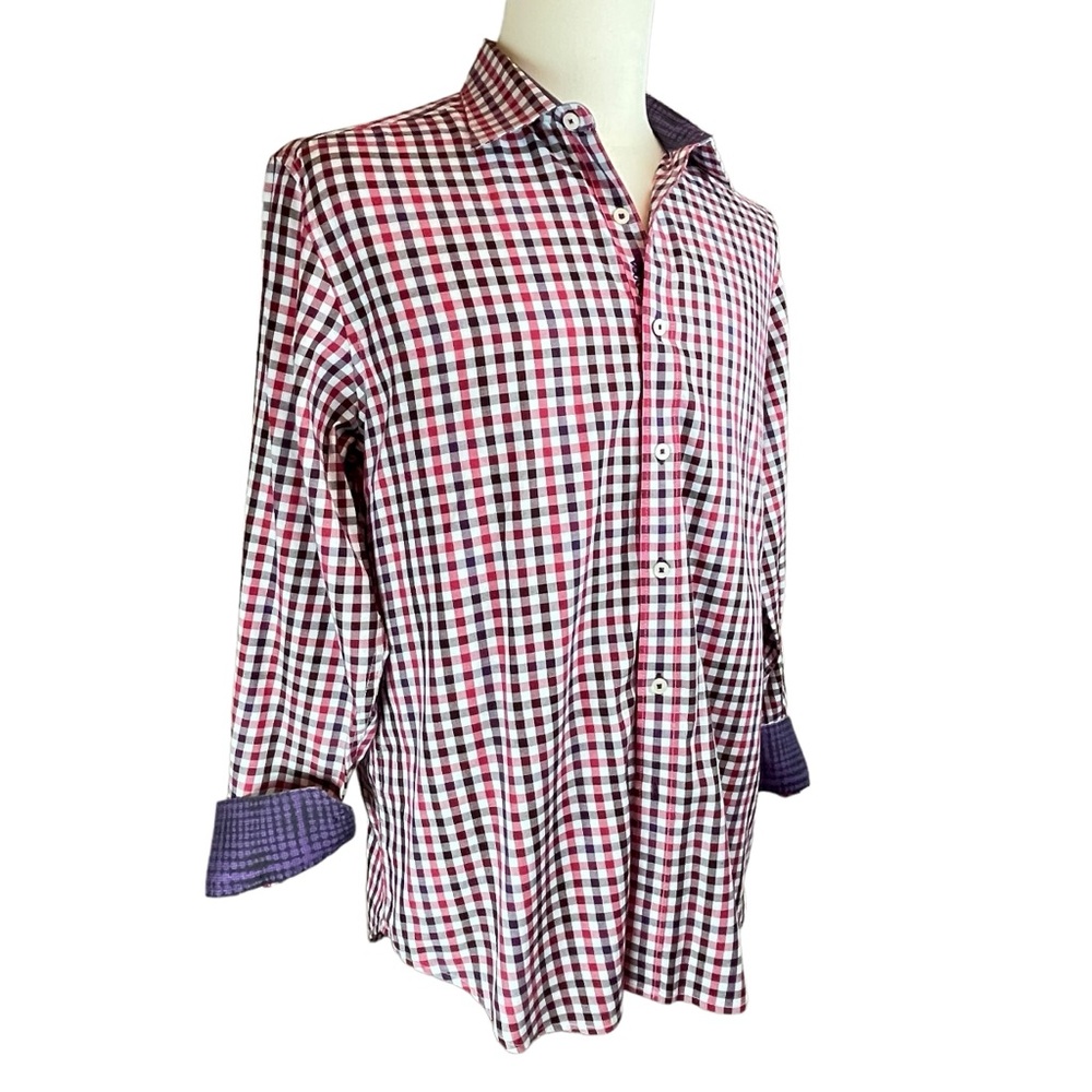 ROBERT GRAHAM Red Checked Gingham Shirt Men's Sz L Fold Back Cuffs Long Sleeve - Picture 3 of 14
